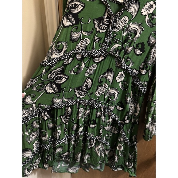 Anthropologie Tiered V-Neck Mini Dress Green Motif Floral Ruffle Layer L Boho - Picture 6 of 11